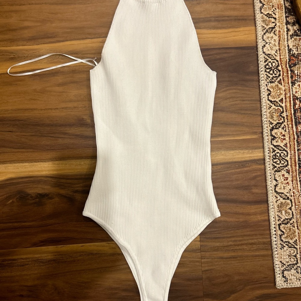 White Ribbed Halter Bodysuit